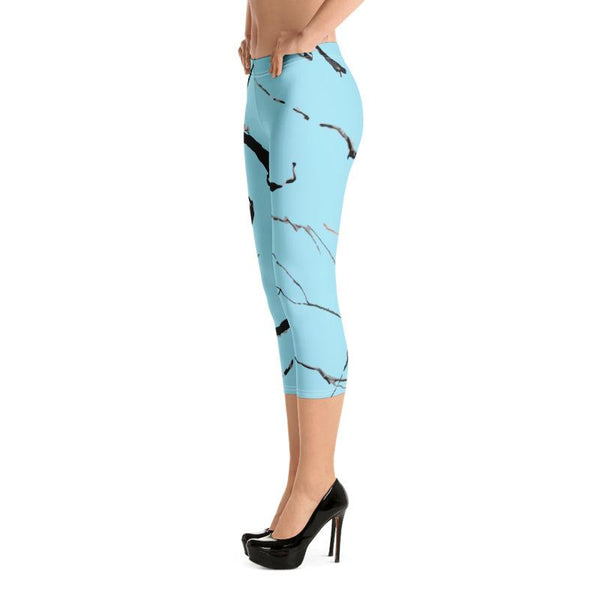 Light Blue Marble Print Women's Dressy Fashion Capri Leggings Pants- Made in USA/ EU-capri leggings-Heidi Kimura Art LLC