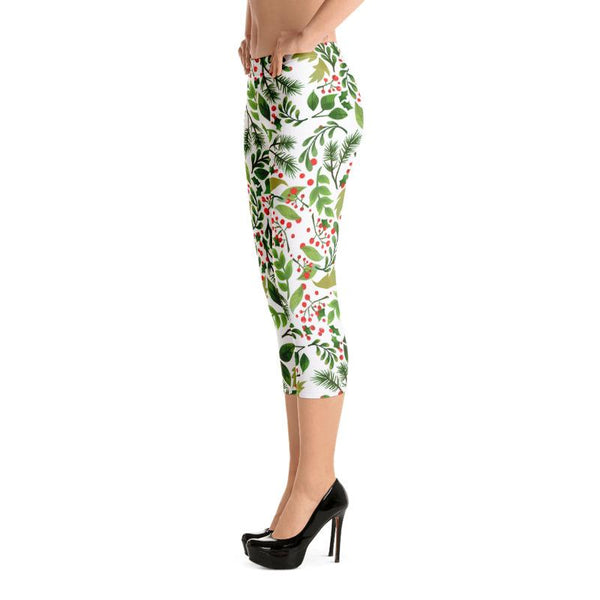 White Green Winter Christmas Floral Women's Capri Leggings Tights- Made in USA/ EU-capri leggings-Heidi Kimura Art LLC