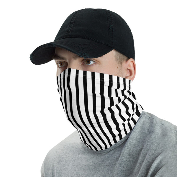 Black Striped Face Mask Shield, White Black Vertical Stripe Print Luxury Premium Quality Cool And Cute One-Size Reusable Washable Scarf Headband Bandana - Made in USA/EU, Face Neck Warmers, Non-Medical Breathable Face Covers, Neck Gaiters  
