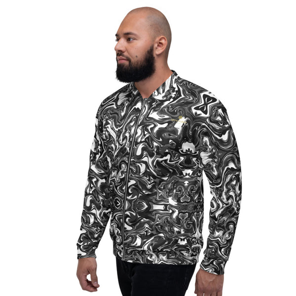 Black White Marble Bomber Jacket, Marble Print Modern Abstract Premium Quality Modern Unisex Jacket For Men/Women With Pockets-Made in EU