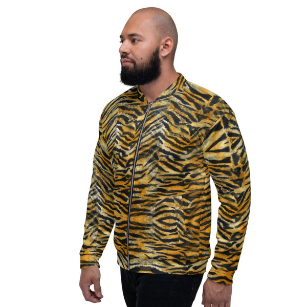 Orange Brown Tiger Stripe Bomber Jacket, Animal Print Premium Quality Modern Unisex Jacket For Men/Women With Pockets-Made in EU