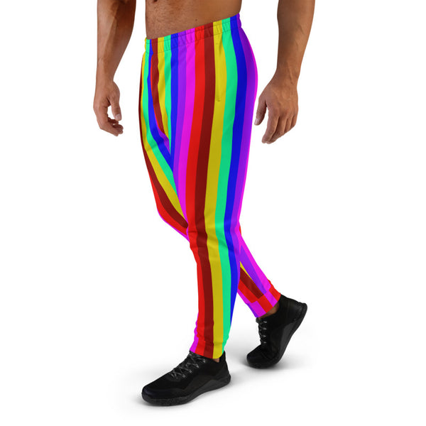 Rainbow Stripe Men's Joggers, Gay Pride Colorful Casual Rave Festival Modern Vertical Stripes Casual Minimalist Slim-Fit Designer Ultra Soft & Comfortable Men's Joggers, Men's Jogger Pants-Made in EU (US Size: XS-3XL)