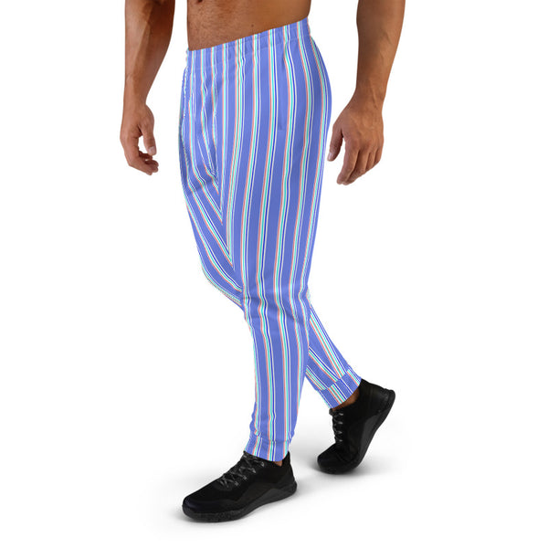 Pastel Blue Striped Men's Joggers, Modern Stripes Casual Minimalist Slim-Fit Designer Ultra Soft & Comfortable Men's Joggers, Men's Jogger Pants-Made in EU (US Size: XS-3XL)