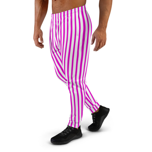 Pink White Striped Men's Joggers, Circus Colorful Modern Vertical Stripes Casual Minimalist Slim-Fit Designer Ultra Soft & Comfortable Men's Joggers, Men's Jogger Pants-Made in EU (US Size: XS-3XL)