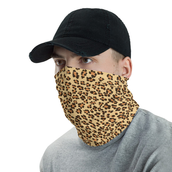 Brown Leopard Face Mask Coverings, Leopard Animal Print Luxury Premium Quality Cool And Cute One-Size Reusable Washable Scarf Headband Bandana - Made in USA/EU, Face Neck Warmers, Non-Medical Breathable Face Covers, Neck Gaiters, Non-Medical Face Coverings 