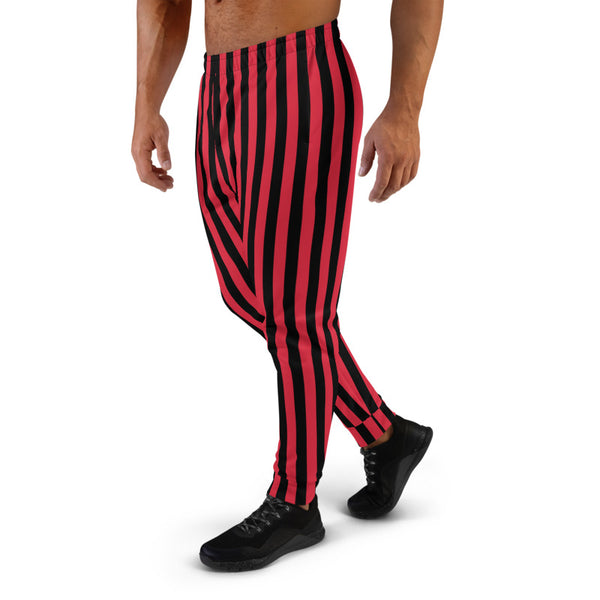 Red Black Striped Men's Joggers, Vertical Stripes Circus Rave Festival Modern Casual Minimalist Slim-Fit Designer Ultra Soft & Comfortable Men's Joggers, Men's Jogger Pants-Made in EU (US Size: XS-3XL)