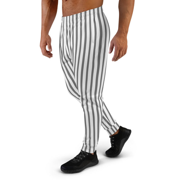 Grey White Striped Men's Joggers, Vertical Stripes Modern Slim-Fit Designer Ultra Soft & Comfortable Men's Joggers, Men's Jogger Pants-Made in EU (US Size: XS-3XL)
