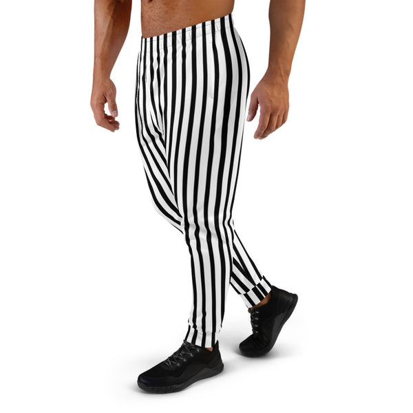 Black White Striped Men's Joggers, Vertical Stripes Modern Minimalist Slim-Fit Designer Ultra Soft & Comfortable Men's Joggers, Men's Jogger Pants-Made in EU (US Size: XS-3XL)