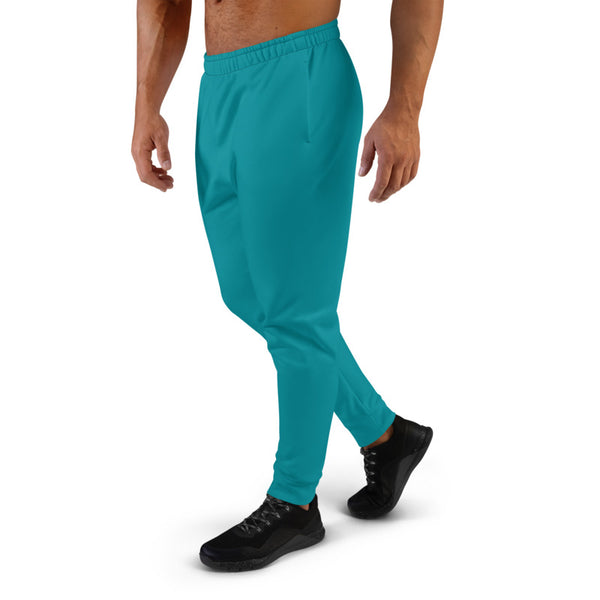Teal Blue Designer Men's Joggers, Best Teal Blue Solid Color Sweatpants For Men, Modern Slim-Fit Designer Ultra Soft & Comfortable Men's Joggers, Men's Jogger Pants-Made in EU/MX (US Size: XS-3XL)