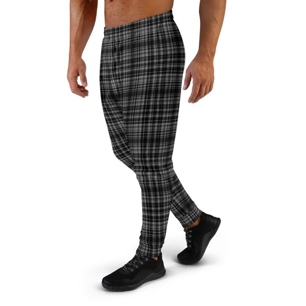 Black Grey Plaid Men's Joggers, Tartan Print Designer Ultra Soft & Comfortable Men's Joggers, Men's Jogger Pants-Made in EU (US Size: XS-3XL)