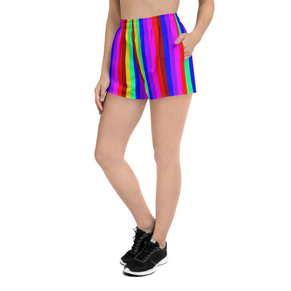Gay Pride Shorts, Rainbow Stripe LGBTQ Friendly Print Designer Best Women's Athletic Running Short Printed Water-Repellent Microfiber Individually Sewn Shorts With Elastic Waistband With A Drawstring And Mesh Side Pockets - Made in USA/EU (US Size: XS-3XL) Running Shorts Womens, Printed Running Shorts, Plus Size Available, Perfect for Running and Swimming 