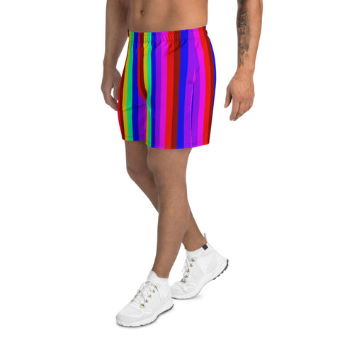 Rainbow Striped Shorts, Gay Pride LGBTQ Friendly Rainbow Stripes Flag Print Men's Athletic Best Long Shorts- Made in EU (US Size: XS-3XL)