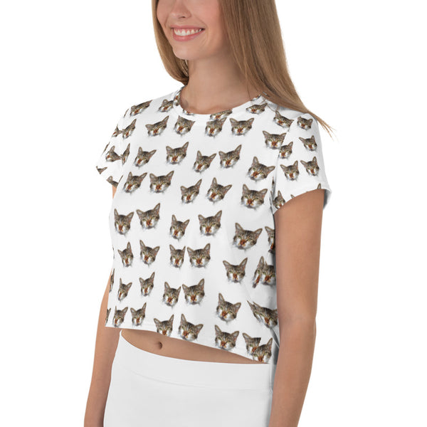 Cat Print Crop Tee, Cat Lovers Cropped Short T-Shirt Outfit, Crop Tee Top Women's T-Shirt, Made in Europe, (US Size: XS-3XL) Plus Size Available 
