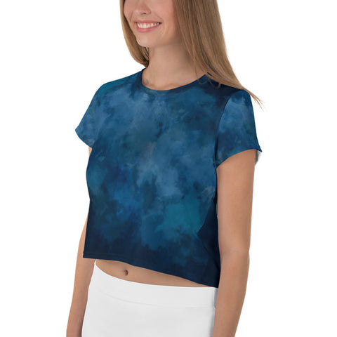 Tie Dye Crop Tee, Blue Abstract Cropped Short T-Shirt Outfit, Crop Tee Top Women's T-Shirt, Made in Europe, (US Size: XS-3XL) Plus Size Available 