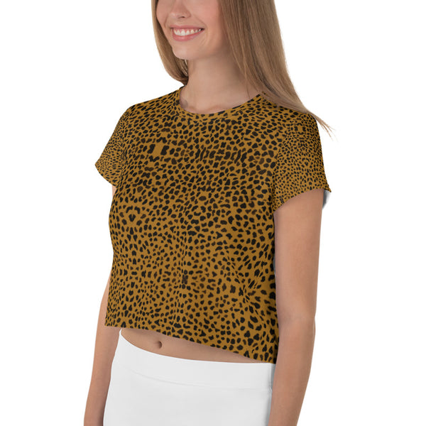 Brown Cheetah Crop Tee, Animal Print Sexy Cropped Short T-Shirt Outfit, Crop Tee Top Women's T-Shirt, Made in Europe, (US Size: XS-3XL) Plus Size Available