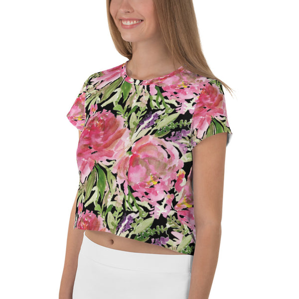 Black Rose Crop Tee, Floral Flower Print Cropped Short T-Shirt Outfit, Crop Tee Top Women's T-Shirt, Made in Europe, (US Size: XS-3XL) Plus Size Available 
