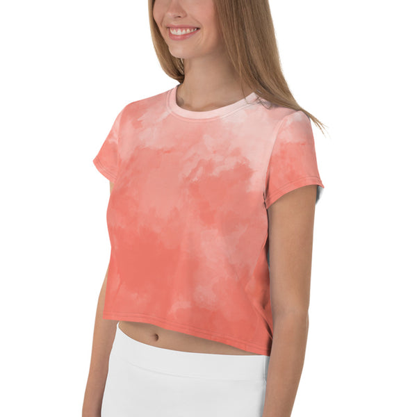 Peach Tie Dye Crop Tee, Coral Peach Pink Abstract Cropped Short T-Shirt Outfit, Crop Tee Top Women's T-Shirt, Made in Europe, (US Size: XS-3XL) Plus Size Available 