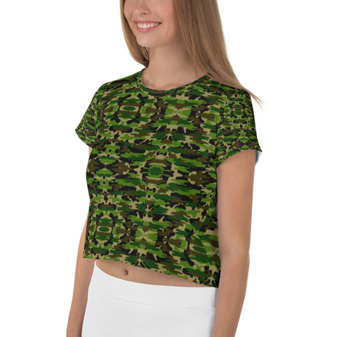 Green Camo Crop Tee, Army Military Camouflage Amy Cropped Short T-Shirt Outfit, Crop Tee Top Women's T-Shirt, Made in Europe, (US Size: XS-3XL) Plus Size Available 