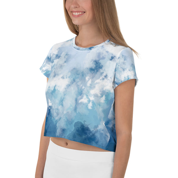Blue Tie Dye Crop Tee, Blue Abstract Cropped Short T-Shirt Outfit, Crop Tee Top Women's T-Shirt, Made in Europe, (US Size: XS-3XL) Plus Size Available 