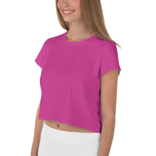 Cute Solid Pink Crop Tee, Minimalist Modern Pink Color Cropped Short T-Shirt Outfit, Crop Tee Top Women's T-Shirt, Made in Europe, (US Size: XS-3XL) Plus Size Available 