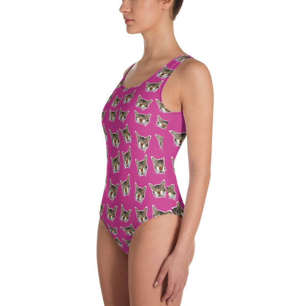 Pink Cat Women's Swimwear,  Cute One-Piece Swimsuit For Cat Ladies, Cat Print Bathing Suits Sexy Luxury Beach Wear - Made in USA/EU (US Size: XS-3XL) Plus Size Available
