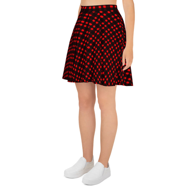 Red Buffalo Plaid Skater Skirt, Plaid Print Preppy Women's Tennis Skirts-Made in USA/EU-Skater Skirt-Printful-Heidi Kimura Art LLC