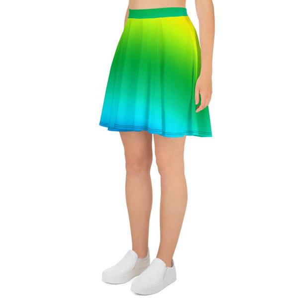 Blue Green Radial Ombre Print Mid-Thigh Soft Women's Skater Skirt- Made in USA/EU-Skater Skirt-Heidi Kimura Art LLC