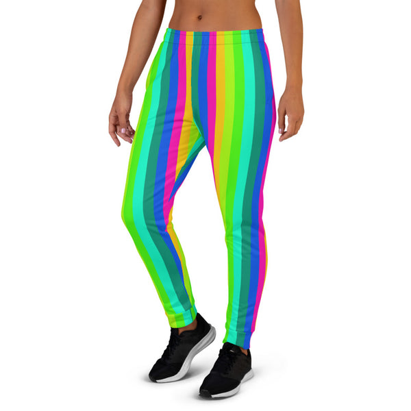 Bright Rainbow Stripe Women's Joggers, Gay Pride Festival Colorful Vertical Stripes Circus Slit Fit Soft Women's Joggers Sweatpants -Made in EU (US Size: XS-3XL) Plus Size Available, Women's Joggers, Soft Joggers Pants Womens, Women's Long Joggers, Women's Soft Joggers, Lightweight Jogger Pants Women's, Women's Athletic Joggers, Women's Jogger Pants