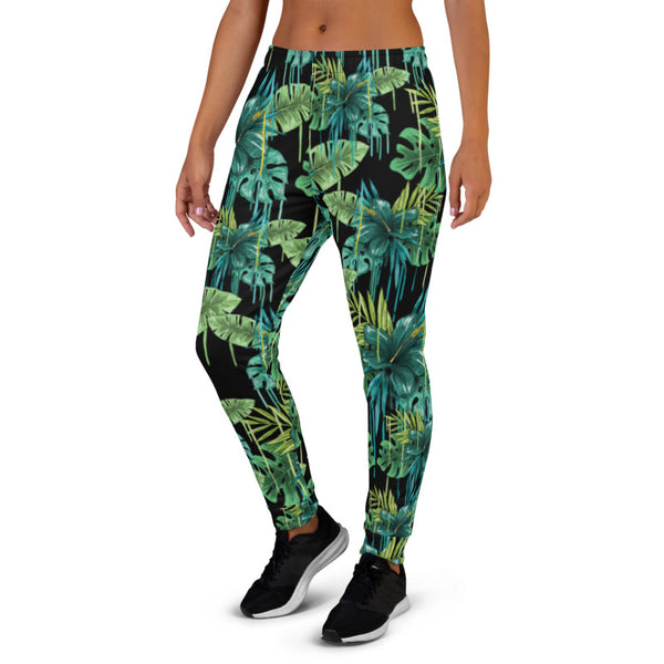 Black Tropical Women's Joggers, Green Tropical Leaf Print Slim Fit Soft Women's Joggers Sweatpants -Made in EU (US Size: XS-3XL) Plus Size Available, Women's Joggers, Soft Joggers Pants Womens, Women's Long Joggers, Women's Soft Joggers, Lightweight Jogger Pants Women's, Women's Athletic Joggers, Women's Jogger Pants