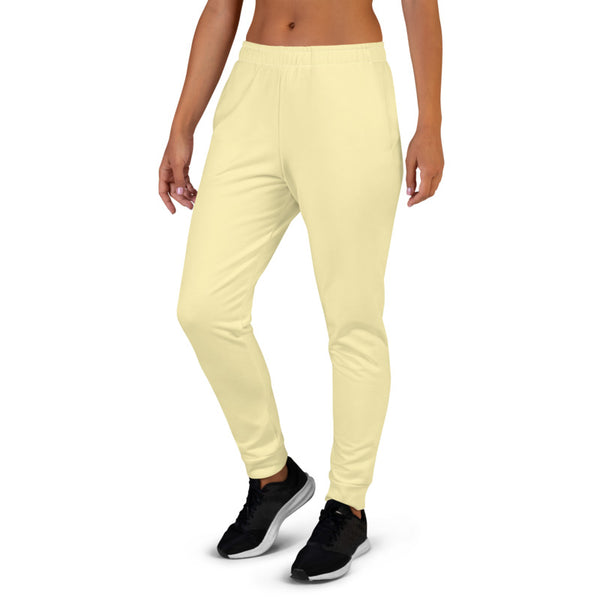 Light Yellow Women's Joggers, Solid Color Print Premium Printed Slit Fit Soft Women's Joggers Sweatpants -Made in EU (US Size: XS-3XL) Plus Size Available, Solid Coloured Women's Joggers, Soft Joggers Pants Womens