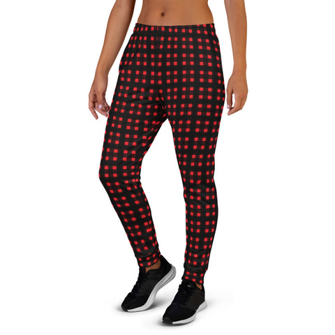 Buffalo Red Women's Joggers, Animal Print Premium Printed Slit Fit Soft Women's Joggers Sweatpants -Made in EU (US Size: XS-3XL) Plus Size Available, Buffalo Plaid Print Women's Joggers, Soft Joggers Pants Womens, Christmas Jogger Pants, Plaid Joggers, Buffalo Plaid Jogger, Jogger Sweatpants Pajamas