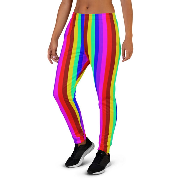 Rainbow Stripe Women's Joggers, Best LGBTQ Friendly Gay Pride Skinny Ladies' Sweatpant Premium Slim Fit Soft Women's Joggers Sweatpants -Made in EU/MX (US Size: XS-3XL) Plus Size Available, Soft Joggers Pants Womens