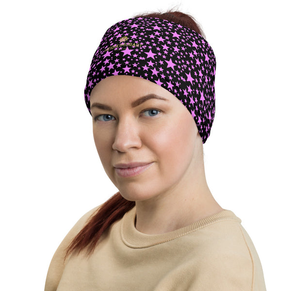 Pink Black Stars Face Mask Coverings, Star Pattern Print Luxury Premium Quality Cool And Cute One-Size Reusable Washable Scarf Headband Bandana - Made in USA/EU, Face Neck Warmers, Non-Medical Breathable Face Covers, Neck Gaiters, Non-Medical Face Coverings 