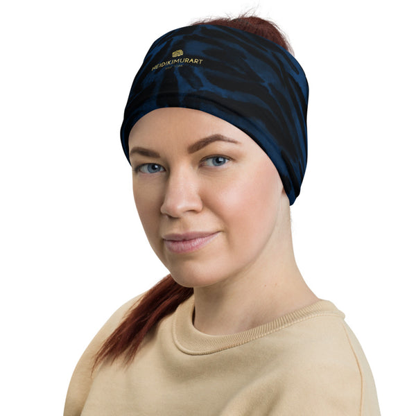Blue Tiger Striped Face Mask Shield, Navy Blue Animal Print Luxury Premium Quality Cool And Cute One-Size Reusable Washable Scarf Headband Bandana - Made in USA/EU, Face Neck Warmers, Non-Medical Breathable Face Covers, Neck Gaiters  