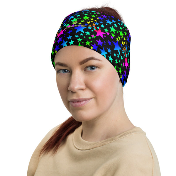 Rainbow Stars Star Face Mask, Black Rainbow Star Pattern Print Luxury Premium Quality Cool And Cute One-Size Reusable Washable Scarf Headband Bandana - Made in USA/EU, Face Neck Warmers, Non-Medical Breathable Face Covers, Neck Gaiters  