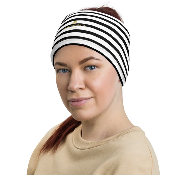 Black Striped Face Mask Shield, White Black Horizontal Stripe Print Luxury Premium Quality Cool And Cute One-Size Reusable Washable Scarf Headband Bandana - Made in USA/EU, Face Neck Warmers, Non-Medical Breathable Face Covers, Neck Gaiters  