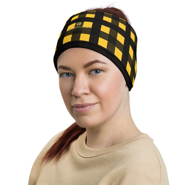 Yellow Buffalo Face Mask, Plaid Print Luxury Premium Quality Cool And Cute One-Size Reusable Washable Scarf Headband Bandana - Made in USA/EU, Face Neck Warmers, Non-Medical Breathable Face Covers, Neck Gaiters  