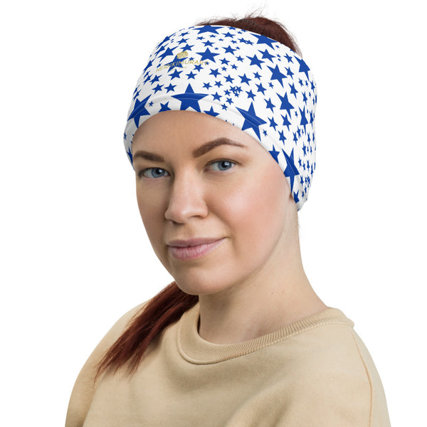 White Blue Star Face Mask, Blue Star Pattern Print Luxury Premium Quality Cool And Cute One-Size Reusable Washable Scarf Headband Bandana - Made in USA/EU, Face Neck Warmers, Non-Medical Breathable Face Covers, Neck Gaiters  