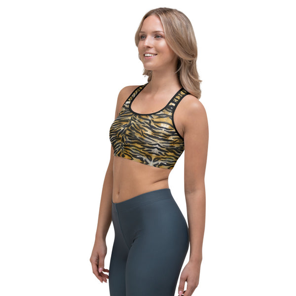 Brown Tiger Stripe Sports Bra, Women's Animal Print UnPadded Fitness Bra, Women's Unpadded Sports Workout Bra - Made in USA/EU (US Size: XS-2XL) Plus Size Is Available 