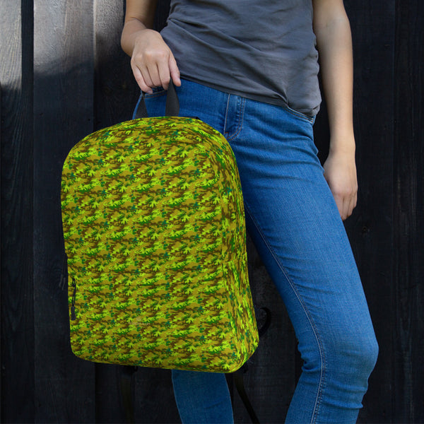 Bright Green Camo Camouflage Designer Print College Travel Backpack- Made in USA/ EU-Backpack-Heidi Kimura Art LLC