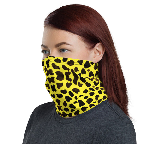 Yellow Cow Print Face Mask, Washable Reusable Designer Neck Gaiter-Heidi Kimura Art LLC-Heidi Kimura Art LLC