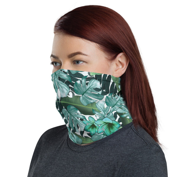 Green Tropical Print Neck Gaiter, Palm Leaf Print Face Mask Shield, Luxury Premium Quality Cool And Cute One-Size Reusable Washable Scarf Headband Bandana - Made in USA/EU, Face Neck Warmers, Non-Medical Breathable Face Covers, Neck Gaiters  