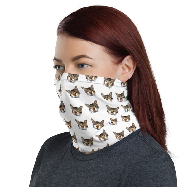 Cat White Face Mask Shield, Luxury Premium Quality Cool And Cute One-Size Reusable Washable Scarf Headband Bandana - Made in USA/EU, Face Neck Warmers, Non-Medical Breathable Face Covers, Neck Gaiters  