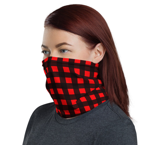 Red Buffalo Face Mask, Plaid Print Luxury Premium Quality Cool And Cute One-Size Reusable Washable Scarf Headband Bandana - Made in USA/EU, Face Neck Warmers, Non-Medical Breathable Face Covers, Neck Gaiters  