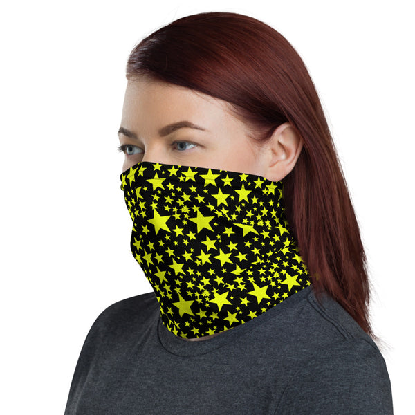 Yellow Black Stars Face Mask Coverings, Star Pattern Print Luxury Premium Quality Cool And Cute One-Size Reusable Washable Scarf Headband Bandana - Made in USA/EU, Face Neck Warmers, Non-Medical Breathable Face Covers, Neck Gaiters, Non-Medical Face Coverings 