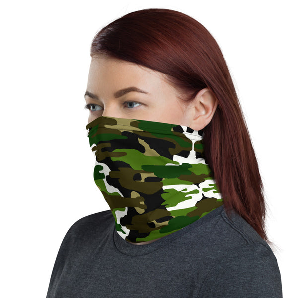 Green White Camo Neck Gaiter, Camouflage Army Military Print Luxury Premium Quality Cool And Cute One-Size Reusable Washable Scarf Headband Bandana - Made in USA/EU, Face Neck Warmers, Non-Medical Breathable Face Covers, Neck Gaiters  