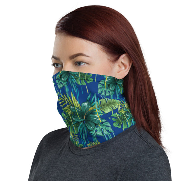 Blue Tropical Leaf Face Mask, Reusable Washable Bandanna Neck Gaiter-Heidi Kimura Art LLC-Heidi Kimura Art LLC