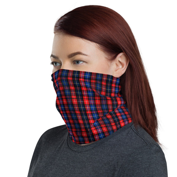 Red Blue Plaid Face Mask Shield, Plaid Tartan Print Luxury Premium Quality Cool And Cute One-Size Reusable Washable Scarf Headband Bandana - Made in USA/EU, Face Neck Warmers, Non-Medical Breathable Face Covers, Neck Gaiters  
