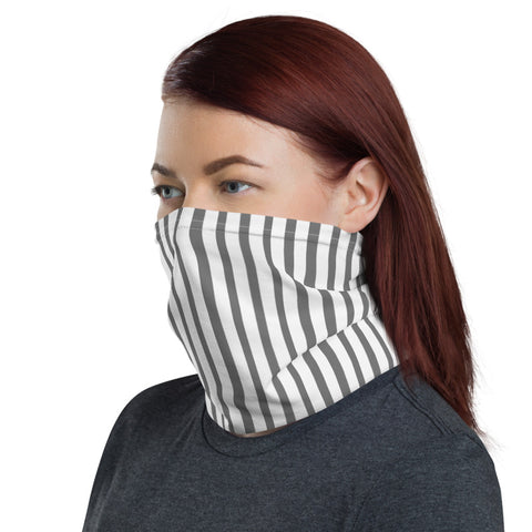 Grey Striped Face Mask Shield, White Grey Stripe Print Luxury Premium Quality Cool And Cute One-Size Reusable Washable Scarf Headband Bandana - Made in USA/EU, Face Neck Warmers, Non-Medical Breathable Face Covers, Neck Gaiters  