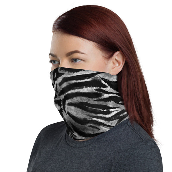 Grey Tiger Striped Face Mask Shield, Animal Print Luxury Premium Quality Cool And Cute One-Size Reusable Washable Scarf Headband Bandana - Made in USA/EU, Face Neck Warmers, Non-Medical Breathable Face Covers, Neck Gaiters  